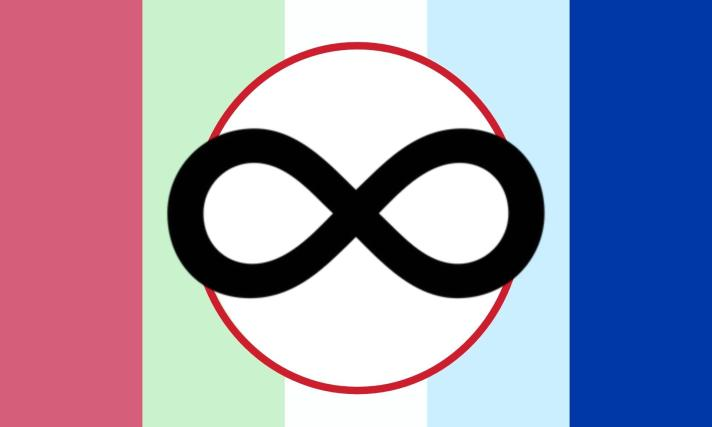 POSIC flag with vertical stripes, a red circle, and an infinity symbol