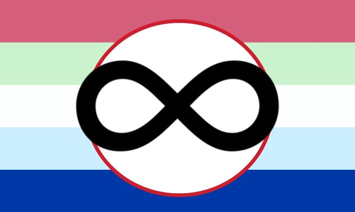 POSIC flag with horizontal stripes, a red circle, and an infinity symbol